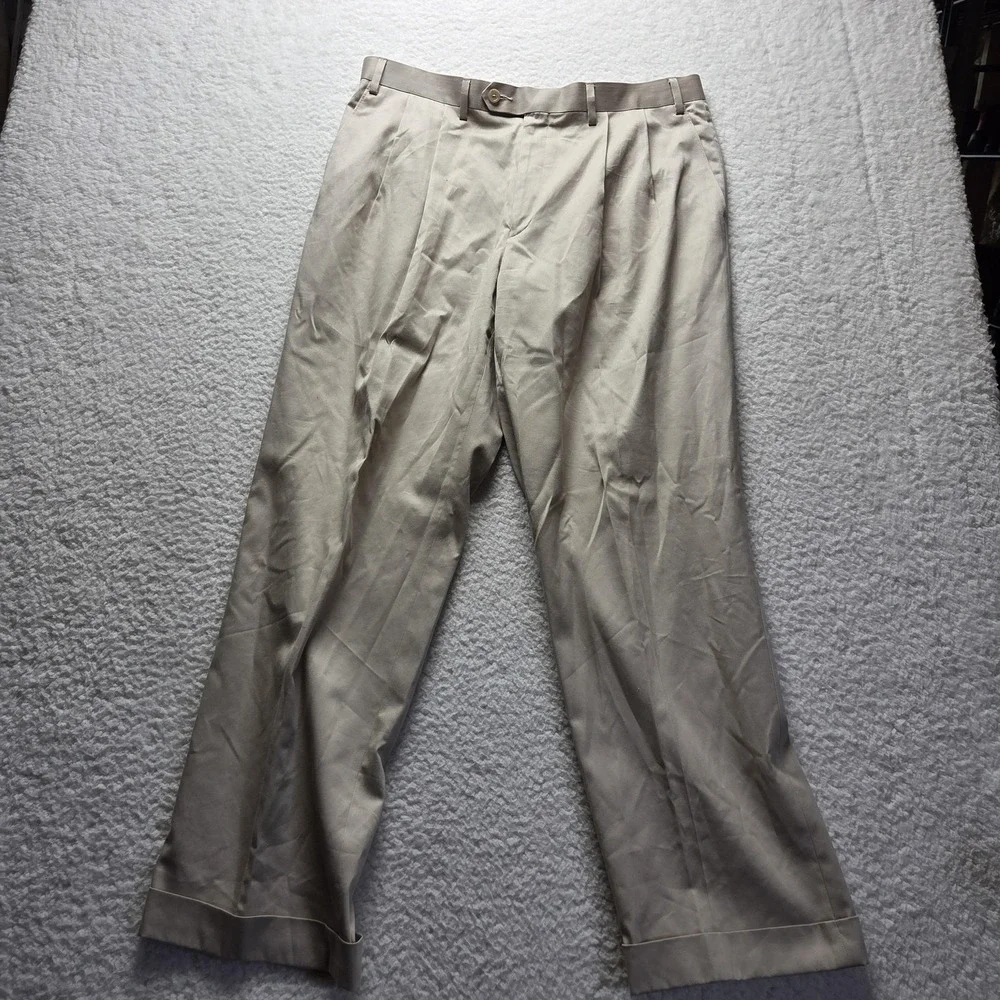 T. Harris Dress Pants Mens 36x30 Beige Pleated Cuffed Chino Regular Fit